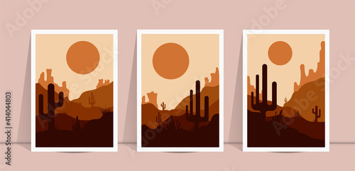 Set of abstract landscape vector wall art printable boho poster download, bedroom decor, Desert art sunset print, Terracotta Art boho wall art, Desert with sun and cactus print for bohemian interior