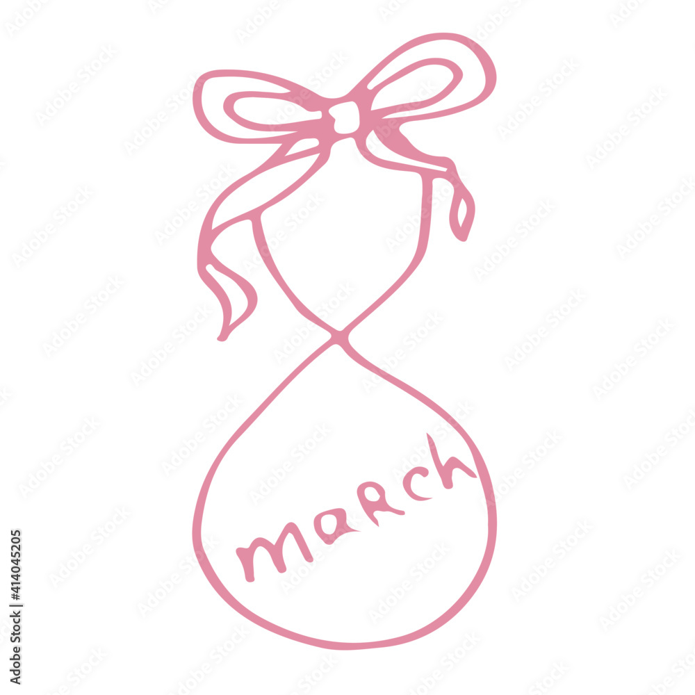 The number eight pink with the word March inside and a bow on a white background. The number eight pink with the word March inside and a bow on a white background.
