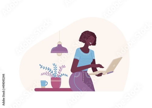 Happy African-American woman working at her laptop flat vector illustration. Office job or freelance. Self development female character isolated on white background. Management, productivity concept