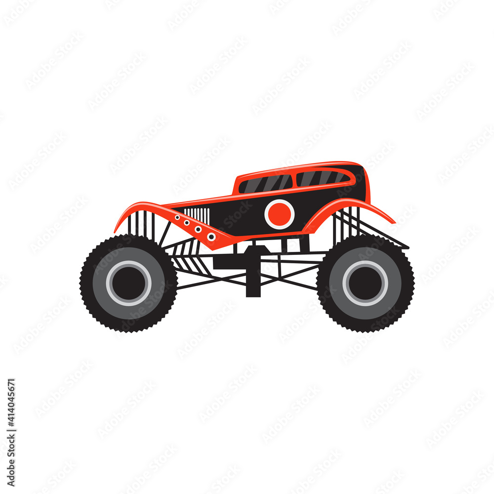Fancy cartoon icon of monster truck flat vector illustration isolated on white.