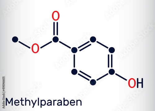Methylparaben, methyl paraben, methyl 4-hydroxybenzoate molecule. It is paraben, antimicrobial preservative in cosmetics, E218. Skeletal chemical formula