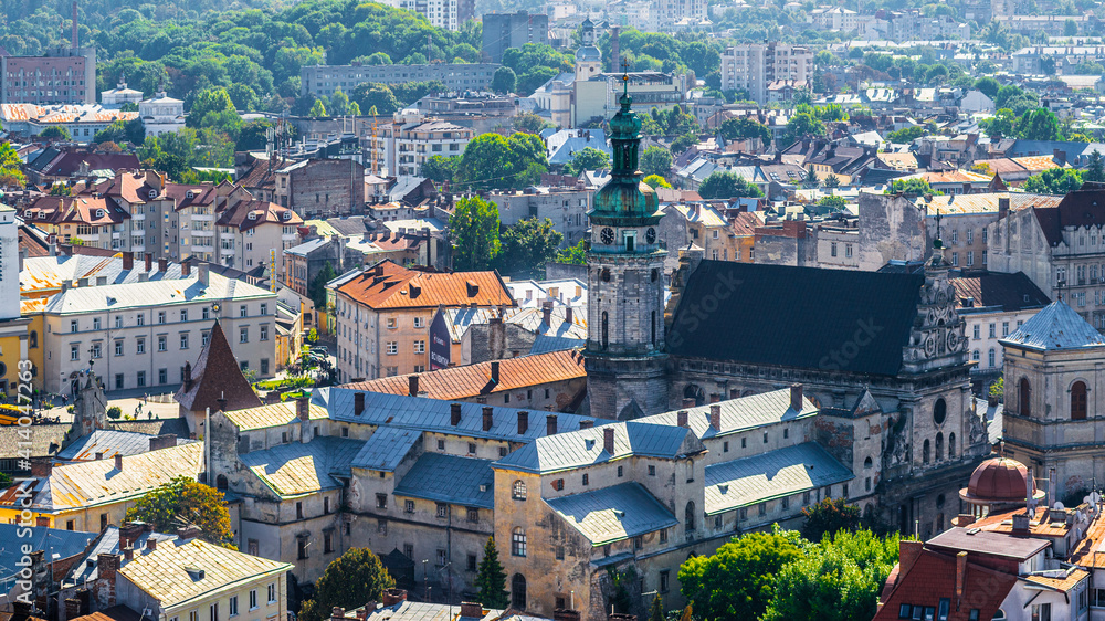 LVIV, UKRAINE - JULY 10, 2019: Roofs and domes of ancient city Lviv.