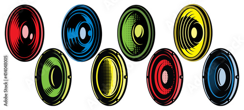 Set of eight oval speakers. Vector color illustration. Elements for design. White background