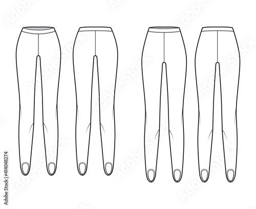 Set of Stirrup Pants knit technical fashion illustration with normal low waist, high rise, full length. Flat training, trousers apparel template front, back, white color. Women men unisex CAD mockup