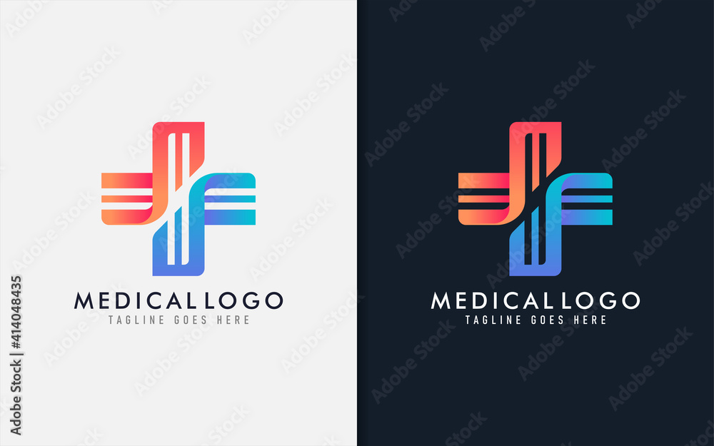 Obraz premium Medical Logo Design. Modern Medical Cross Symbol made from 2 abstract shapes. Vector Logo Illustration.