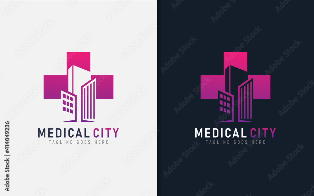 Medical City Logo Design. Abstract Medical Cross Symbol Combine with City Building. Vector Logo Illustration.