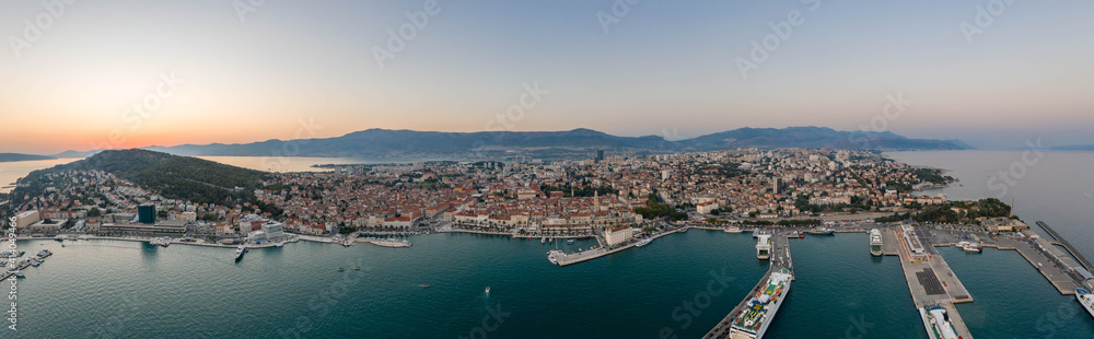Panoramic view of ferry port riva coastline by Diocletian Palace in Split old town in sunset
