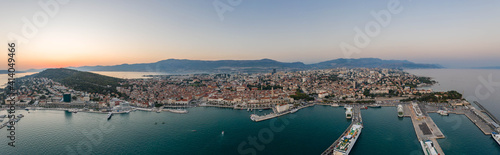 Panoramic view of ferry port riva coastline by Diocletian Palace in Split old town in sunset