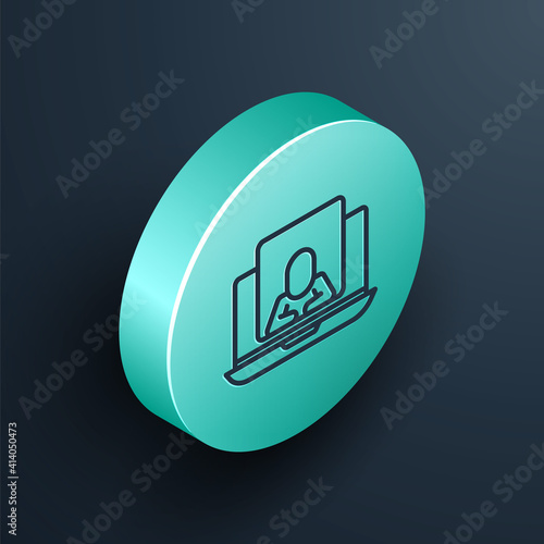 Isometric line Online psychological counseling distance icon isolated on black background. Psychotherapy, psychological help, psychiatrist online consulting. Turquoise circle button. Vector.