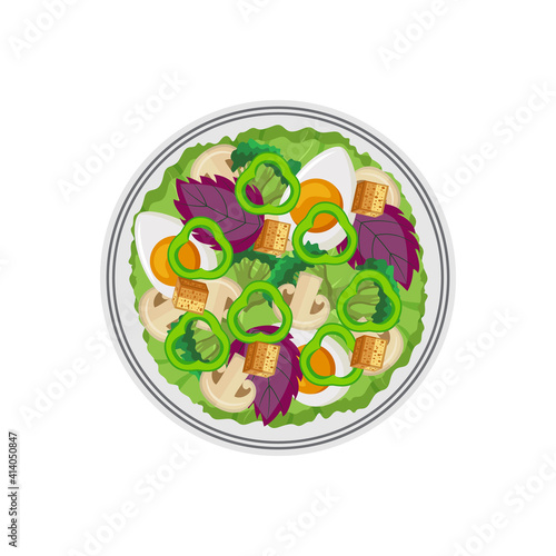 Egg salad with vegetables and croutons - cartoon bowl with healthy meal