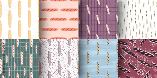 Set of seamless pattern with baguette silhouettes ornament. Bakery ornament background collection.