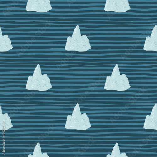 Block of ice seamless iceberg pattern in hand drawn doodle style. Blue striped background. Nordic backdrop.
