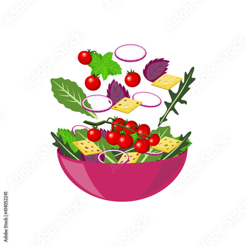 Salad bowl with flying ingredients. Fresh vegetables and cheese slices
