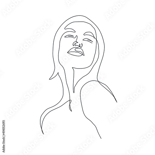 One line woman. Hand drawn portrait girl in minimalistic style. Beauty logo. Simple design. Continuous line drawing. 
