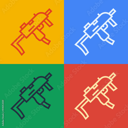 Pop art line MP9 submachine gun icon isolated on color background. Automatic weapon. Vector.