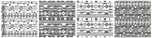 Set of four winter vector White and gray horizontal Seamless border repeat patterns with random rough, twisted part of triangles or broken lines, moons, part of circles shapes. Hand drawn effect.