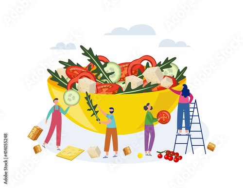 Tiny people standing by huge salad bowl, flat vector illustration isolated.