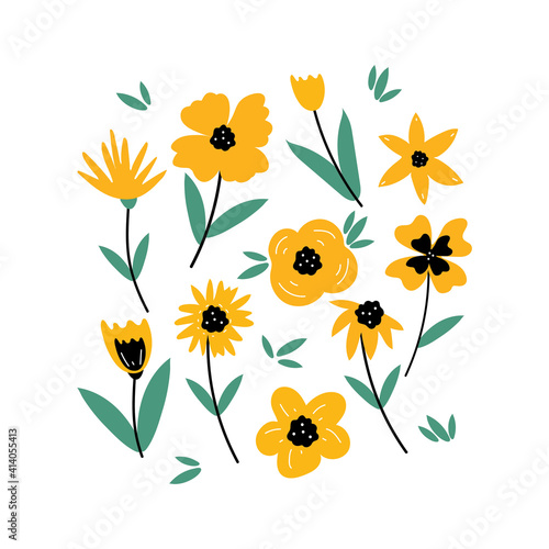 Set of hand drawn vector yellow flowers, spring collection. illustration for sticker, label, tag, gift wrapping paper 
