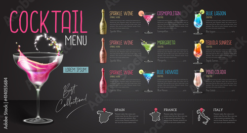 Cocktail menu design with realistic cocktail glasses and bottles. Chalk background