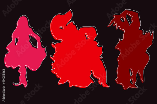 Three abstract fictional characters of plump girls in ballet tutus dancing in different poses hot spanish dance. Angular and amorphous figures in red. Faceless ballerinas in flat and minimal style.