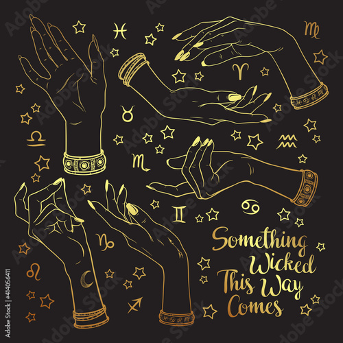 Hand drawn set of gold female witches hands in different poses. Flash tattoo, sticker, patch or print design vector illustration.
