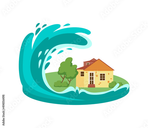 Tsunami wave destroying house flat vector illustration isolated on white.
