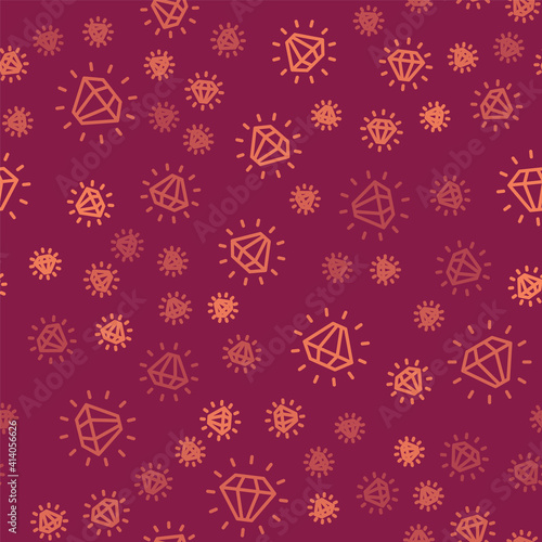 Brown line Diamond icon isolated seamless pattern on red background. Jewelry symbol. Gem stone. Vector.