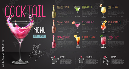 Cocktail menu design with realistic cocktail glasses and bottles. Chalk background
