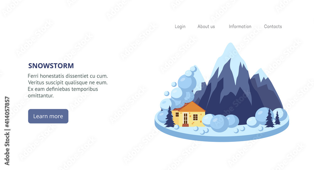 Web banner with natural disaster of snowstorm, flat vector illustration.
