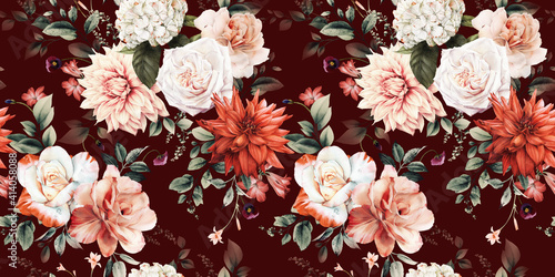 Seamless floral pattern with flowers on summer background, watercolor illustr...