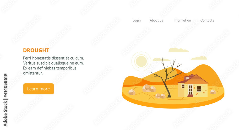 Fototapeta premium Website template with drought natural disaster image, flat vector illustration.
