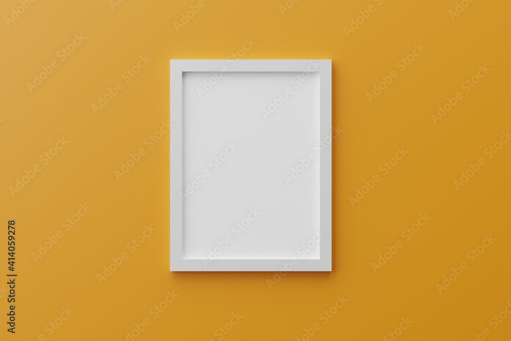 White picture frames on gamboge yellow background. 3D render picture frame and background White picture frames on gamboge yellow background. 3D render picture frame and background