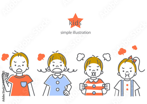 頬を膨らませて怒る子供たちのシンプルでかわいい線画イラスト素材