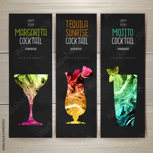 Cocktail menu design with alcohol ink texture. Marble texture background. Set of cocktail glasses