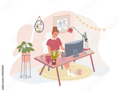 Woman working from home, student or freelancer cute vector flat illustration. Girl use computer or laptop at comfortable workplace. Self employed person at home office. People working remotely.