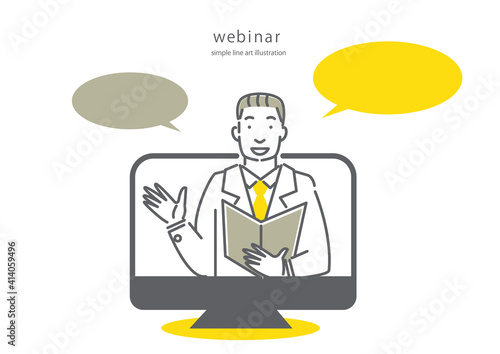 オンラインで説明するベテランビジネスマンのシンプルでおしゃれな線画イラスト