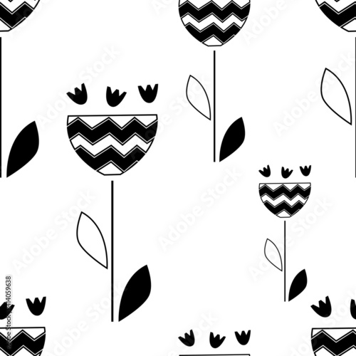 black and white pattern in the Scandinavian style on a white background. black linear scandinavian flowers. vector illustration.