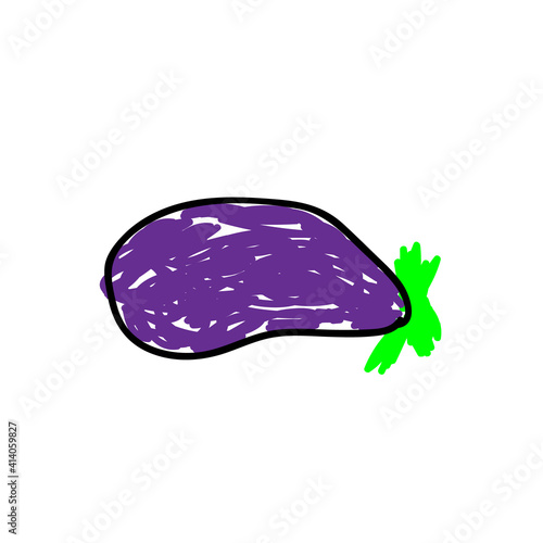 Eggplant in a deliberately childish style. Vegetable child drawing. Sketch imitation painting felt-tip pen, marker. Icon isolated. Eco harvest, healthy food, vegetarian, raw diet. Vector illustration