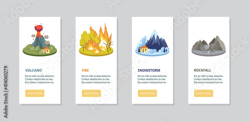 Set of vector banners with natural disasters and environmental cataclysms.
