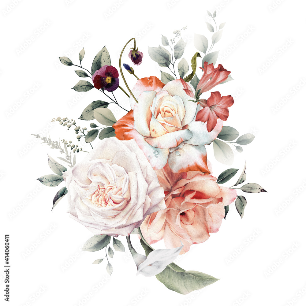 Bouquet of flowers, can be used as greeting card, invitation card for wedding, birthday and other holiday and  summer background. Watercolor illustration