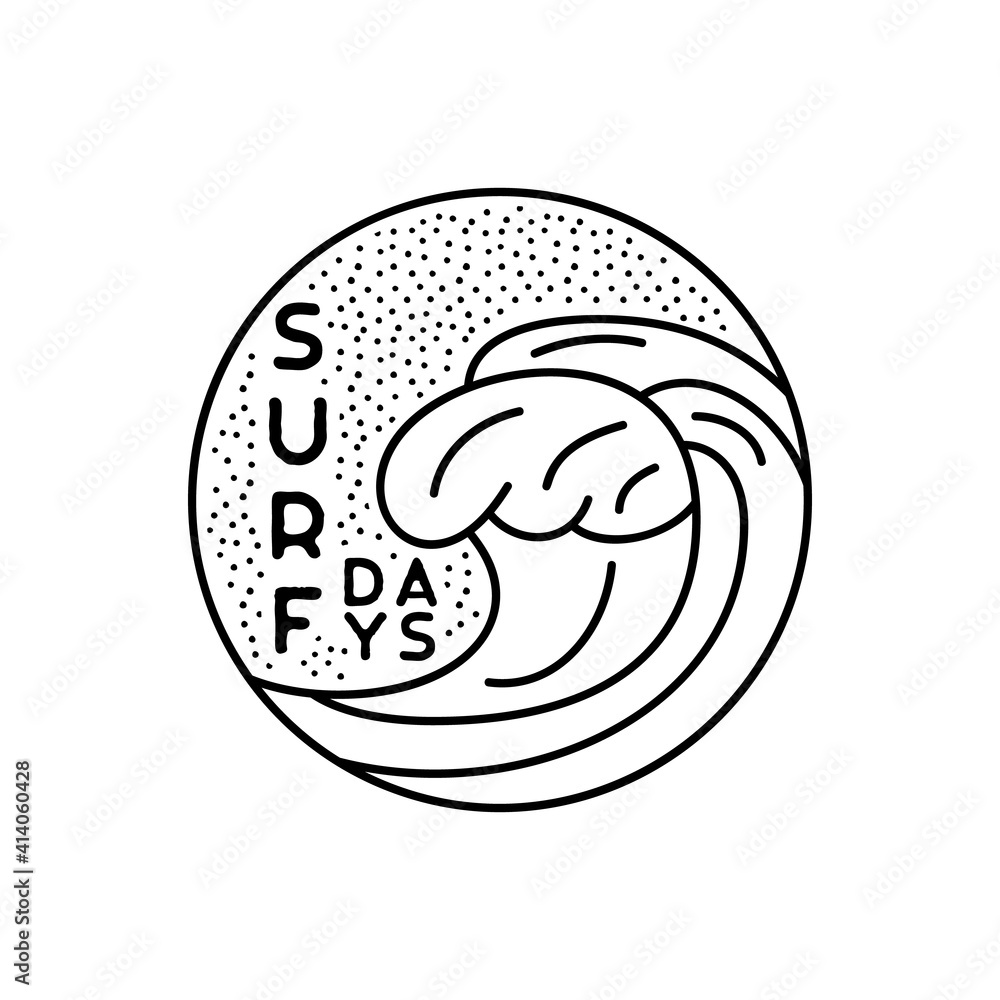 Surfing badge design. Summer crest logo with waves and quote - Surf days. Hand drawn travel label isolated. Sacred geometry. Stock vector graphics emblem Surfing badge design. Summer crest logo with waves and quote - Surf days. Hand drawn travel label isolated. Sacred geometry. Stock vector graphics emblem