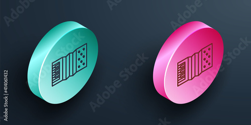 Isometric line Musical instrument accordion icon isolated on black background. Classical bayan, harmonic. Turquoise and pink circle button. Vector.