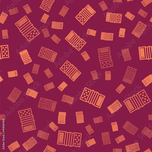 Brown line Musical instrument accordion icon isolated seamless pattern on red background. Classical bayan, harmonic. Vector.