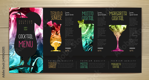 Cocktail menu design with alcohol ink texture. Marble texture background. Set of cocktail glasses