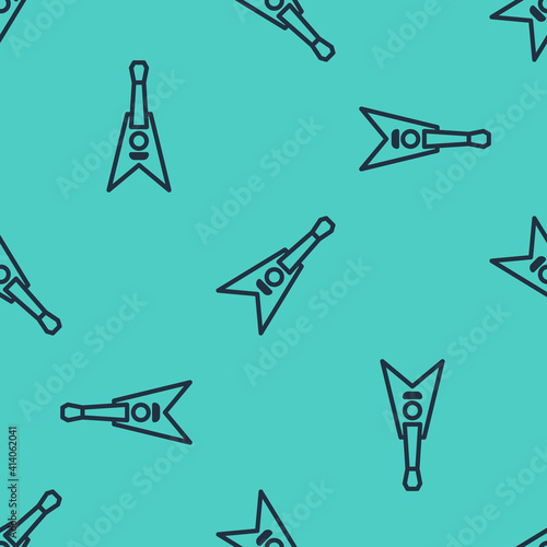 Black line Electric bass guitar icon isolated seamless pattern on green background. Vector.