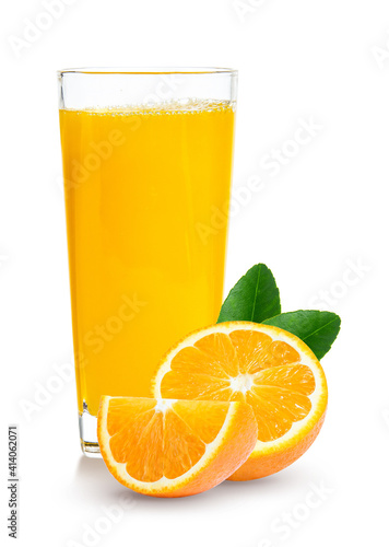 Fresh orange juice in glass or bottle with fruits, isolated on white