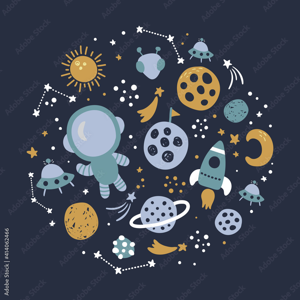 space concept in circle, dark blue background space concept in circle, dark blue background