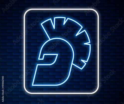 Glowing neon line Greek helmet icon isolated on brick wall background. Antiques helmet for head protection soldiers with a crest of feathers or horsehair. Vector.