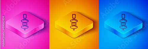 Isometric line Olive and cheese on chopstick icon isolated on pink and orange, blue background. Canape, tapas with cheese and olive. Square button. Vector.