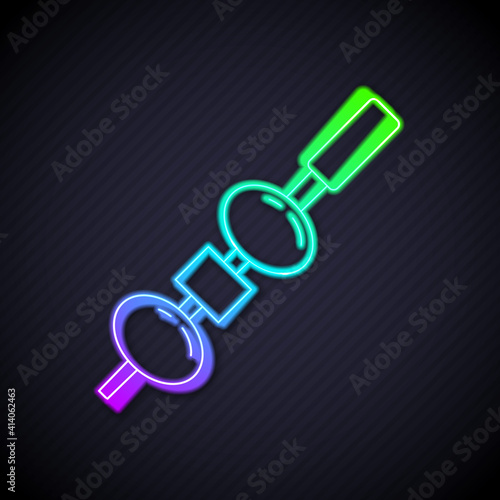 Glowing neon line Olive and cheese on chopstick icon isolated on black background. Canape, tapas with cheese and olive. Vector.
